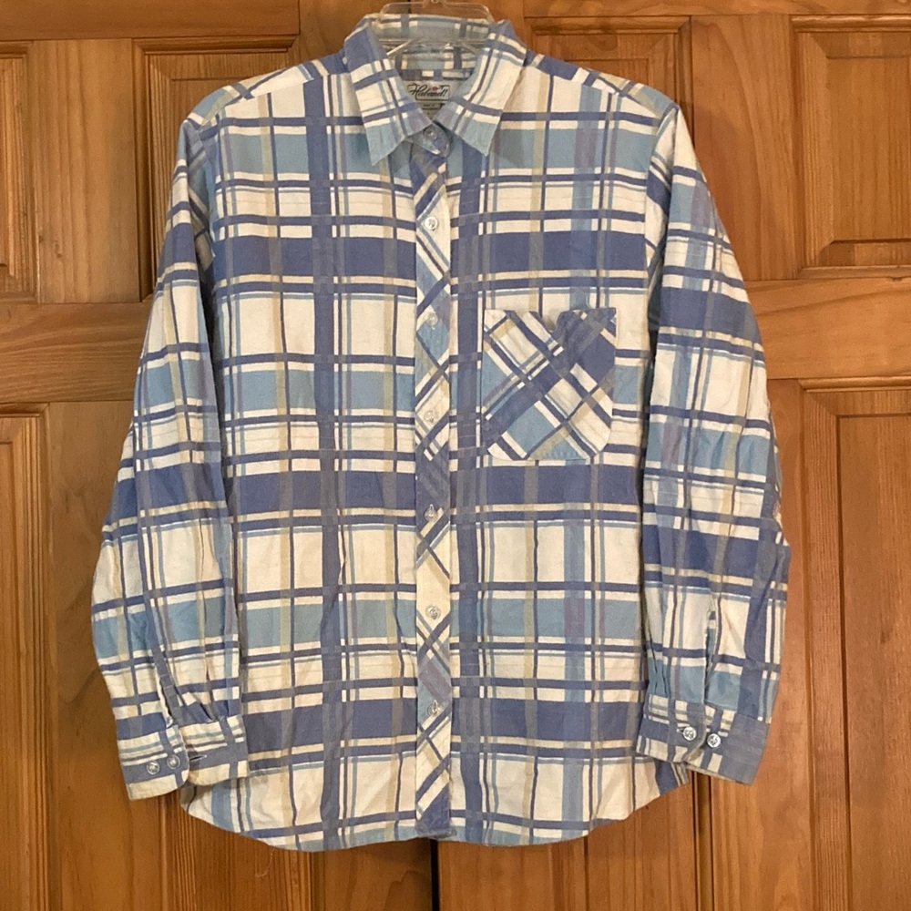GUC Haband Top Flannel Long Sleeve Blouse Plaid Blue White Size L Large